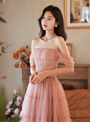 Pink Tulle Floor Length Beaded Long Party Dress, Off Shoulder Pink Prom Dress