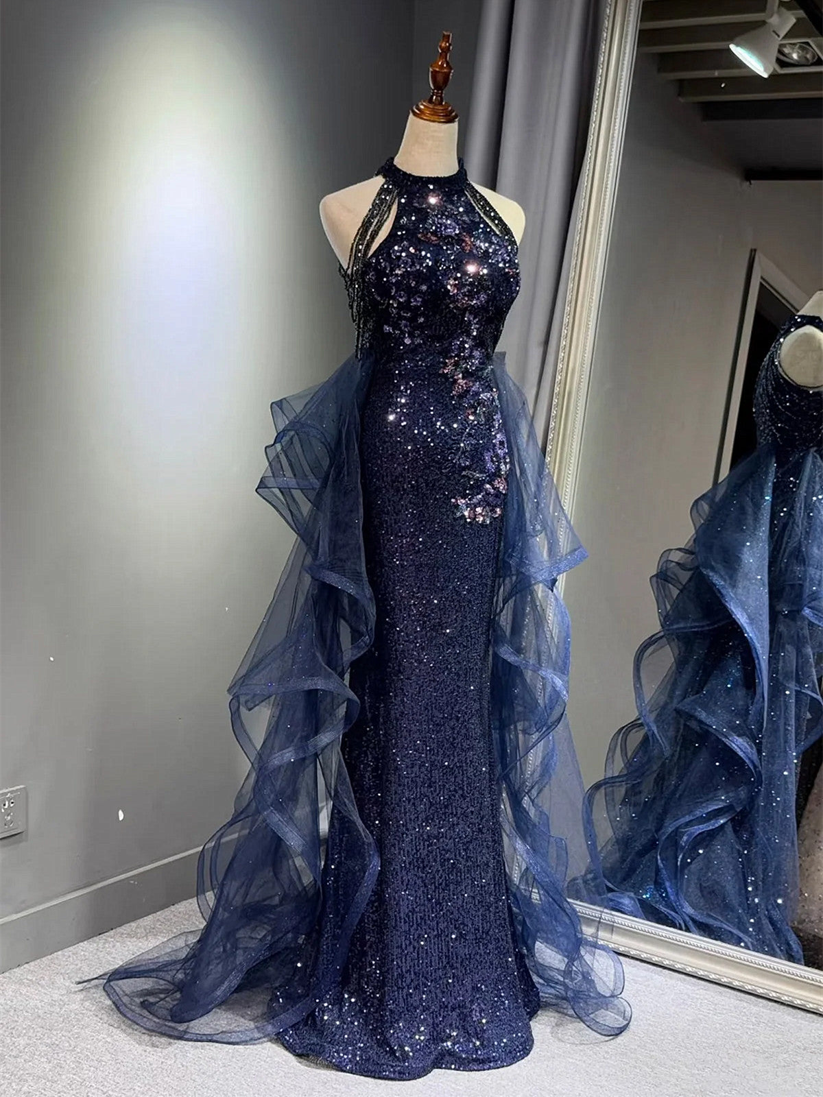 Navy Blue Halter A-line Sequins with Tulle Long Prom Dress, Navy Blue Long Evening Dress