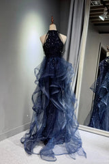 Navy Blue Halter A-line Sequins with Tulle Long Prom Dress, Navy Blue Long Evening Dress