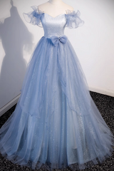 Light Blue Off Shoulder Tulle Sweetheart Formal Dress, Light Blue A-line Prom Dress