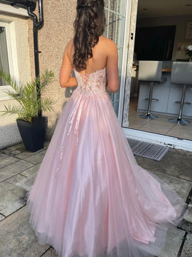 Pink A-line Tulle with Lace Applique Sweetheart Party Dress, Pink Tulle Long Prom Dress