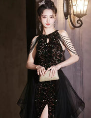 A-line Sequins and Tulle Long Party Dress, Black Chic Beaded Floor Length Prom Dress