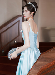 Light Blue Satin A-line Long Straps Beaded Formal Dress, Blue Long Evening Dress