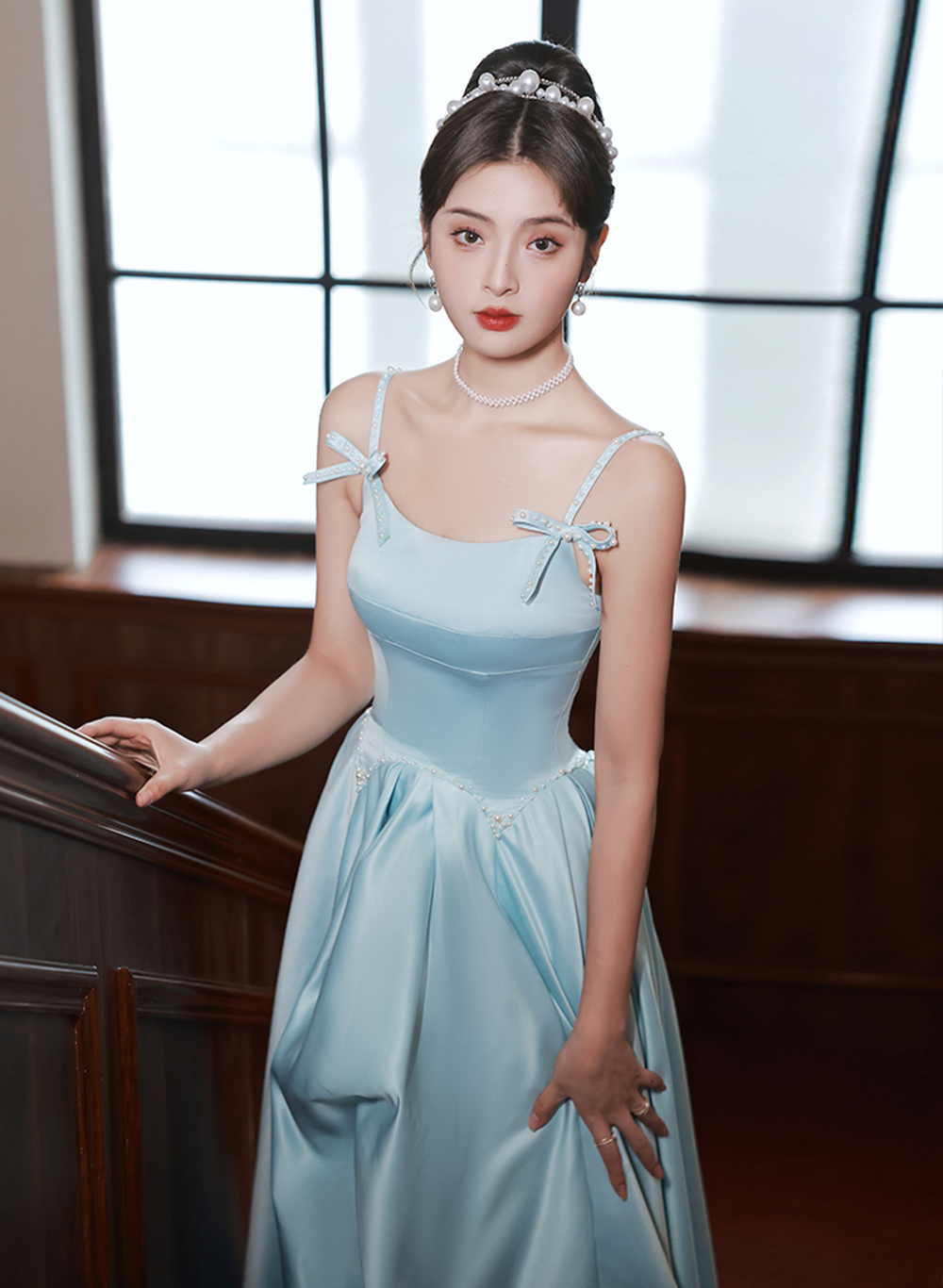 Light Blue Satin A-line Long Straps Beaded Formal Dress, Blue Long Eve Cutedressy Light Blue Satin A-line Long Straps Beaded Formal Dress, Blue Long Eve Cutedressy