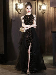 A-line Sequins and Tulle Long Party Dress, Black Chic Beaded Floor Length Prom Dress