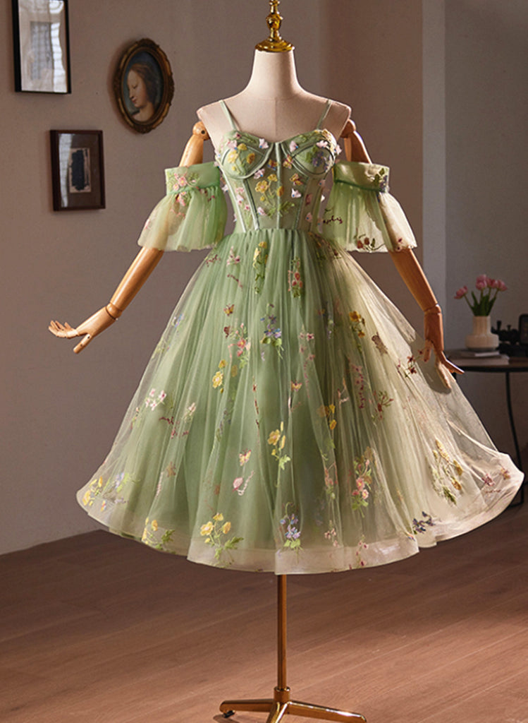 Lovely Light Green Sweetheart Tulle Floral Homecoming Dress, Green Sho