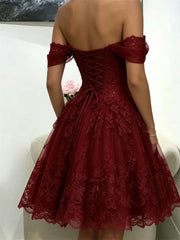 Wine Red Tulle with Lace Applique Short Party Dress, Off Shoulder Sweetheart Homecoming Dress