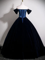 Navy Blue Velvet Off Shoulder with Lace Formal Dress, Navy Blue Velvet Party Dress Evening Dress