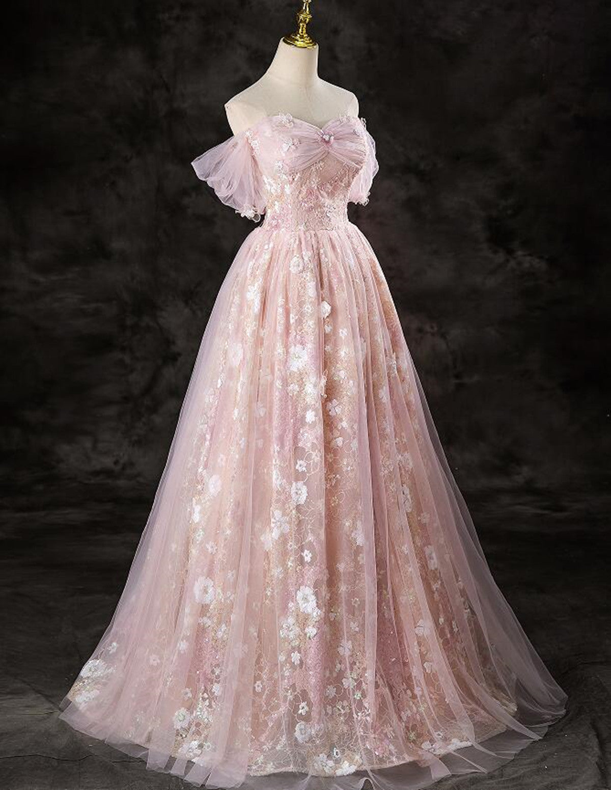 Pink Lace Off Shoulder Floor Length Party Dress, Pink Tulle Prom Dress Pink Lace Off Shoulder Floor Length Party Dress, Pink Tulle Prom Dress