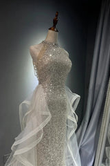 Chic White Tulle and Sequins Long Prom Dress, Halter A-line Party Dress Evening Dress