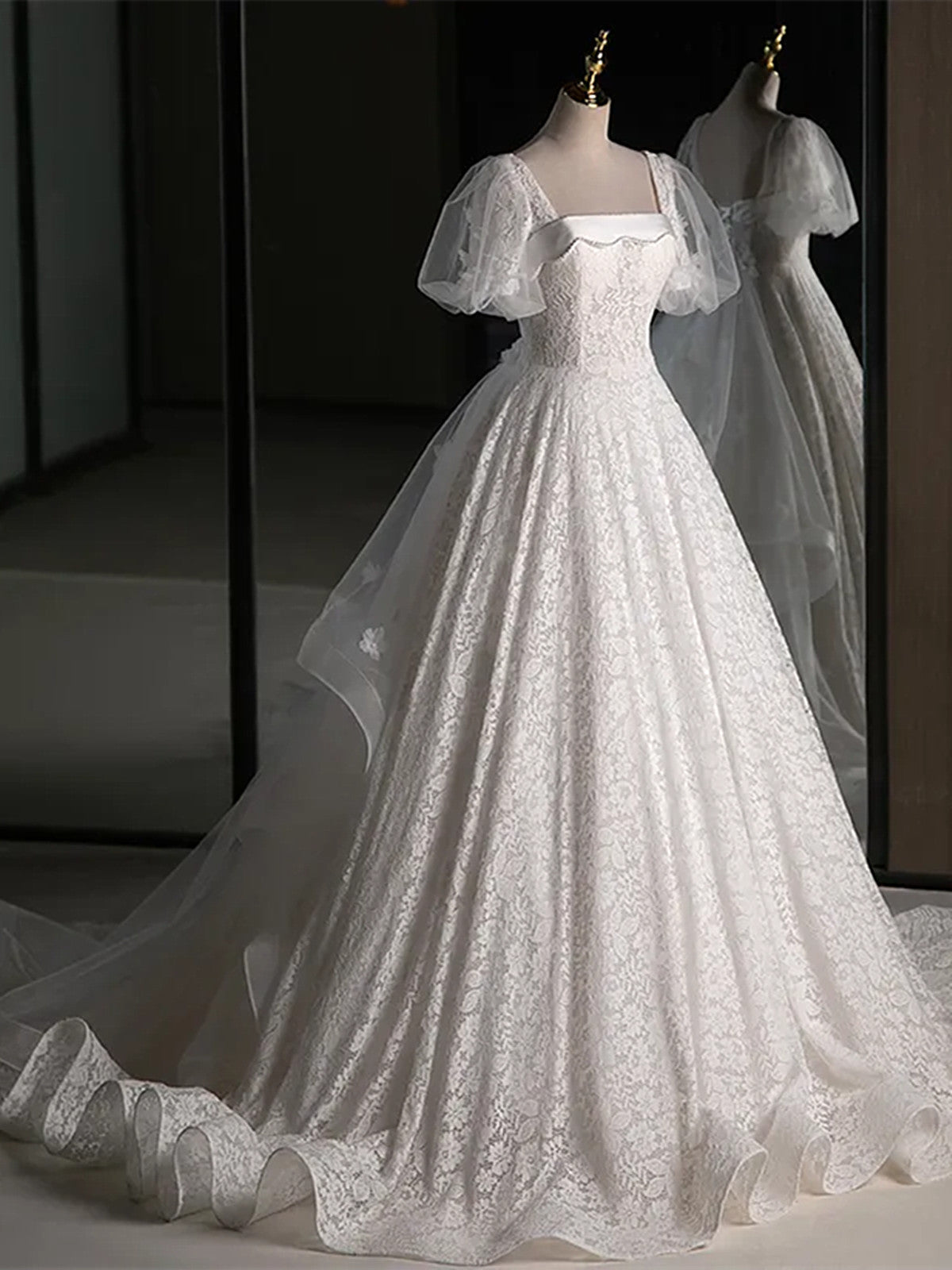 Elegant White Lace A-Line Wedding Party Dress with Puff Sleeves, White Lace Formal Gown