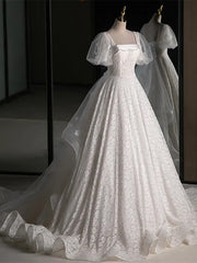 Elegant White Lace A-Line Wedding Party Dress with Puff Sleeves, White Lace Formal Gown