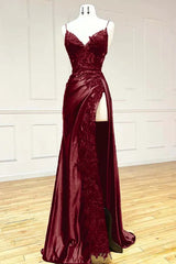 Wine Red V-neclline Satin with Lace Long Prom Dress, Wine Red Leg Slit Party Dress