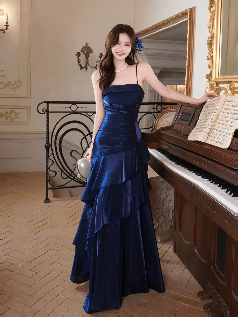 Navy Blue Mermaid Straps Evening Dress Party Dress, Navy Blue Floor Le