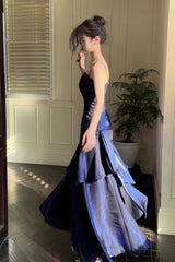 Chic Navy Blue Satin Straps Sweetheart Mermaid Prom Dress, Navy Blue Long Party Dress