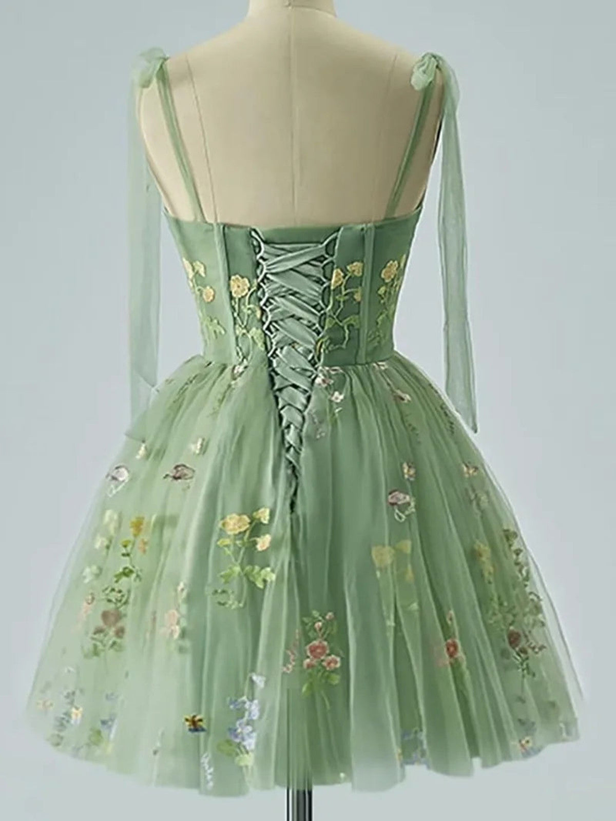 Green Floral Tulle Straps Knee Length Homecoming Dress, Green Sweetheart Short Formal Dress