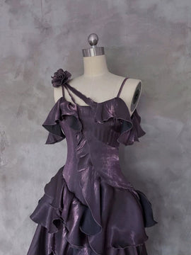 Purple High Low Straps Satin Long Party Dress, Purple Satin Homecoming Dress