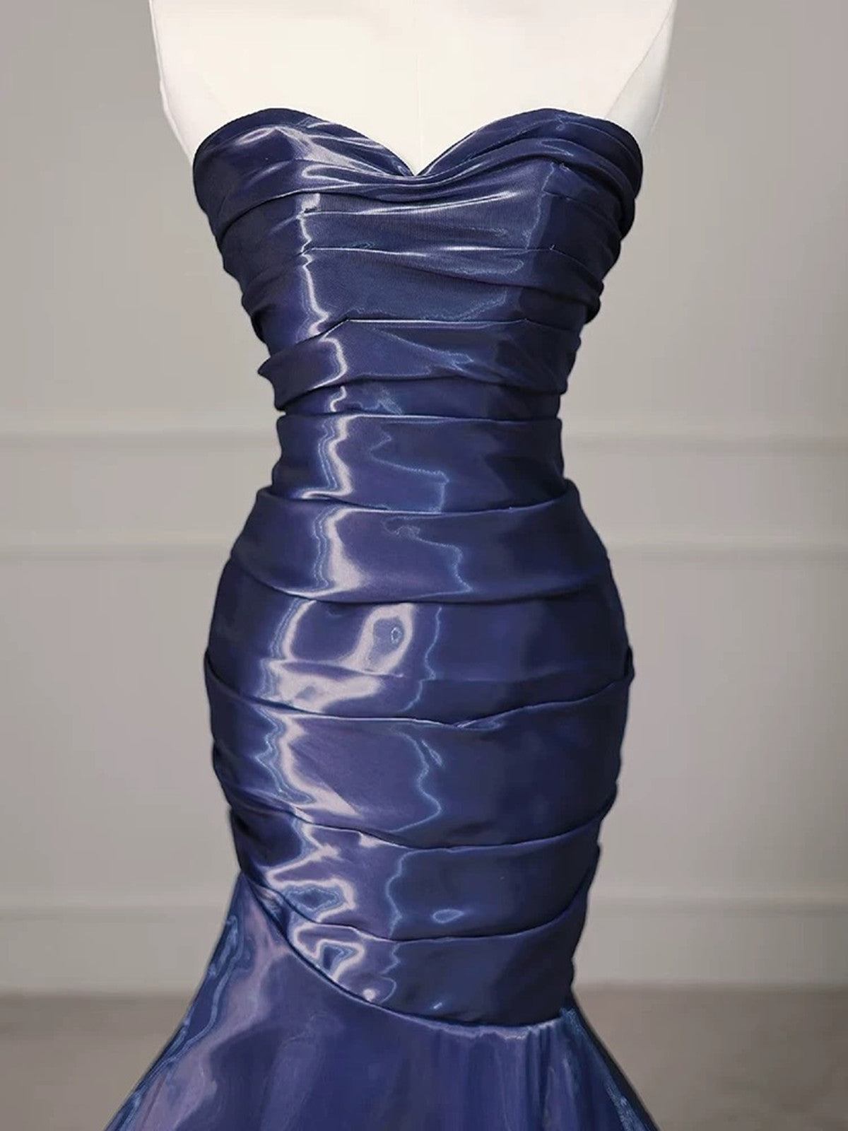 Navy Blue Mermaid Strapless Long Evening Dress, Navy Blue Satin Prom Dress