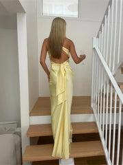 Yellow Soft Satin V-neckline Cross Back Party Dress, Yellow Floor Length Prom Dress