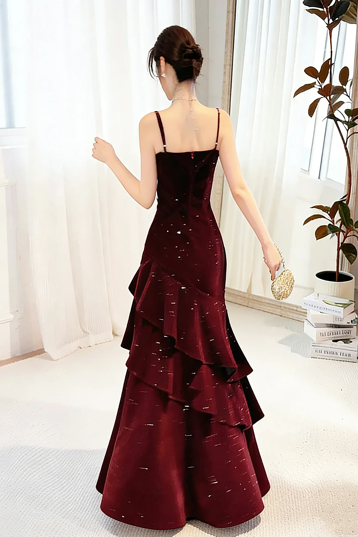 Wine Red Velvet Straps Layers Long Evening Dress, Wine Red Velvet Prom Dress