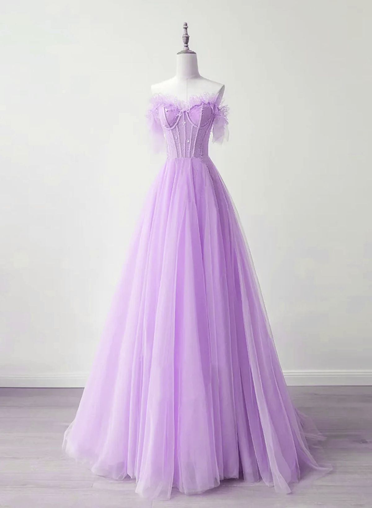 Light Purple A-line Sweetheart Tulle Formal Dress, Light Purple Long Prom Dress