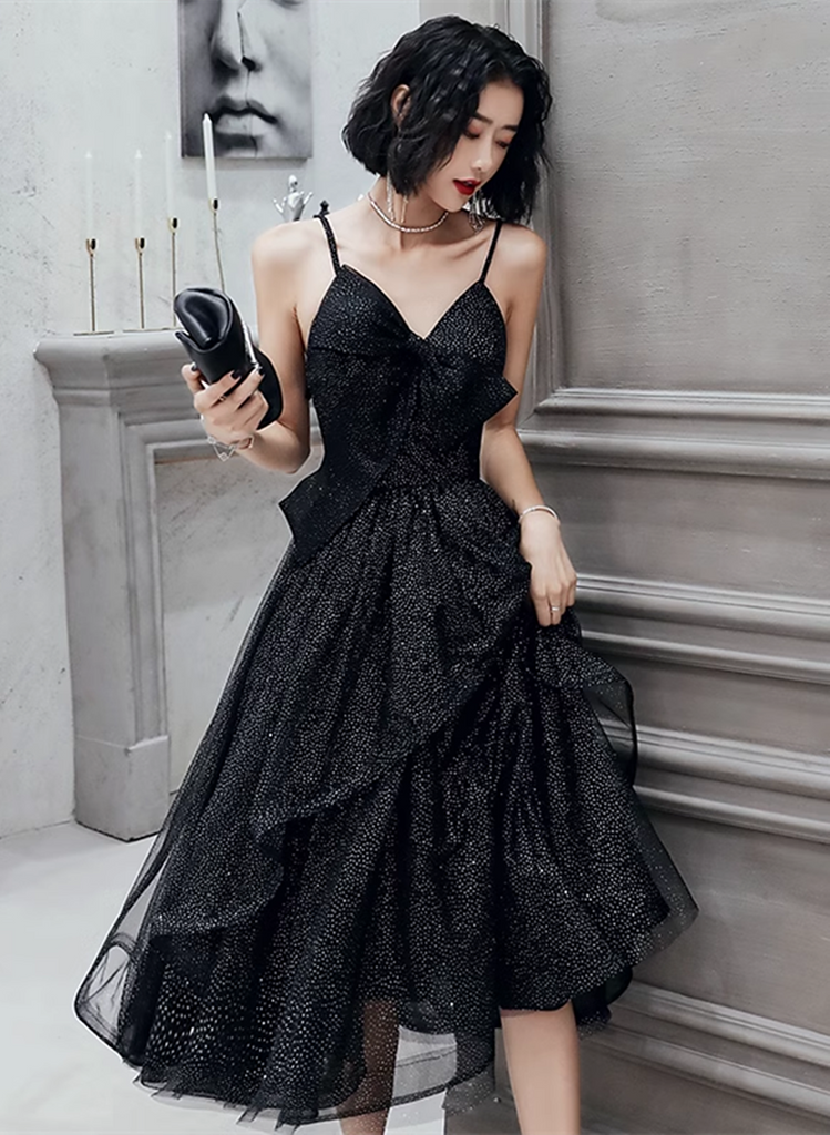 Black Tulle and Velvet Straps Knee Length Homecoming Dress, Black Short Prom Dress