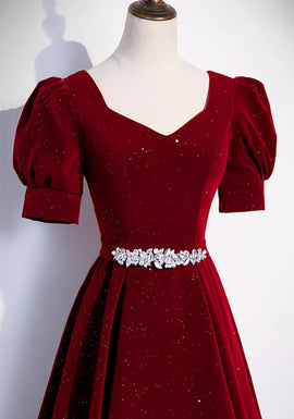 Wine Red Velvet Short Sleeves Beaded Prom Dress, Wine Red A-line Party Dress