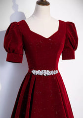 Wine Red Velvet Short Sleeves Beaded Prom Dress, Wine Red A-line Party Dress