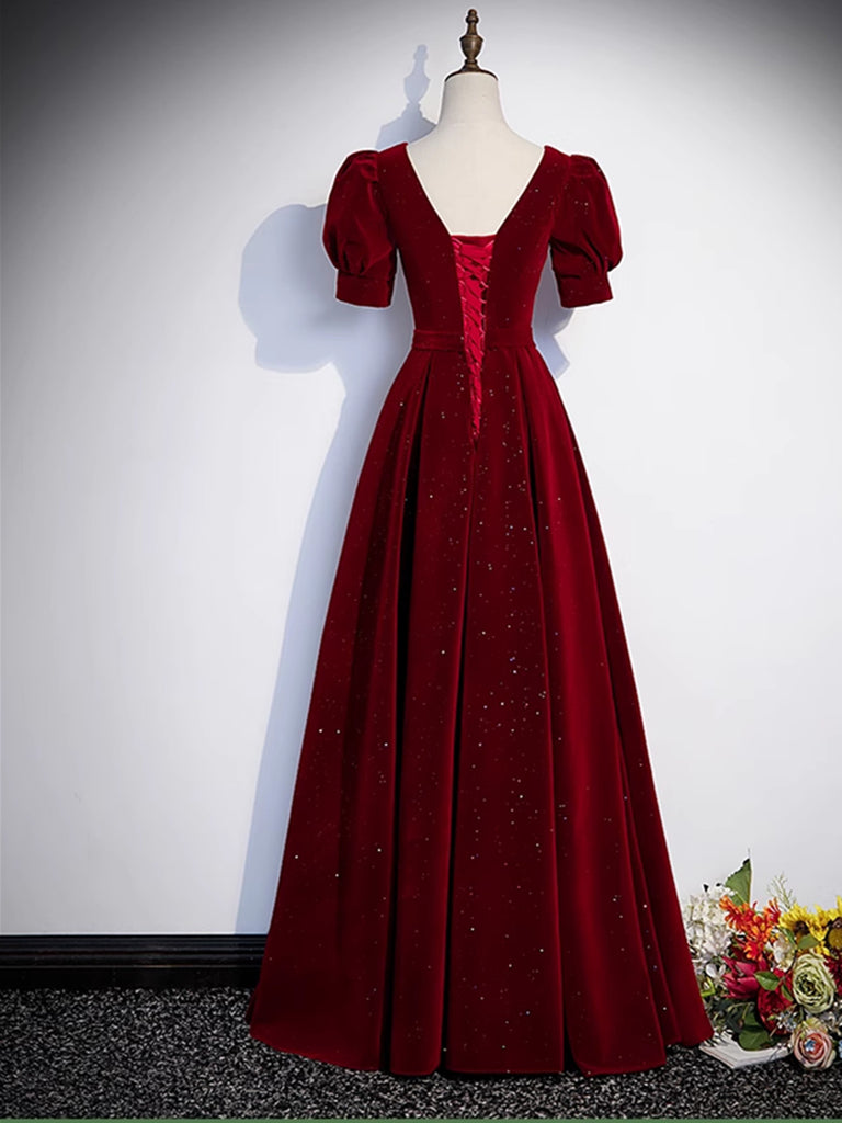 Wine Red Short Sleeves Pearls Long Prom Dress, Wine Red A-line Party Dress