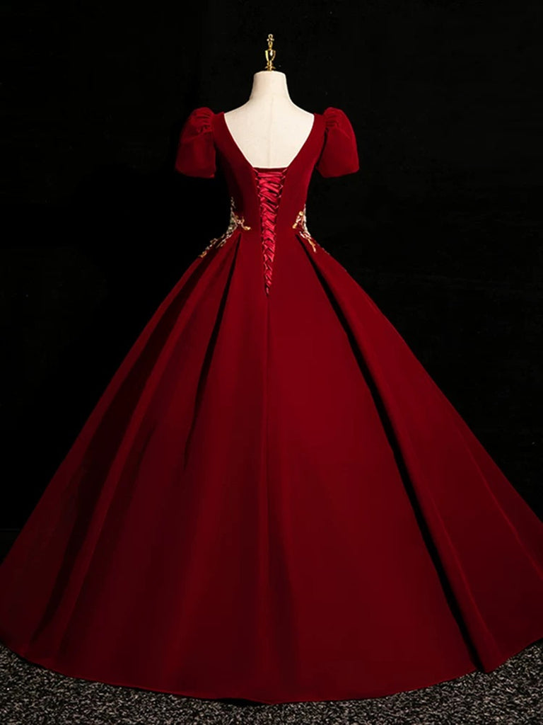 Wine Red Short Sleeves Scoop Long Party Dress, A-line Satin Prom Dress