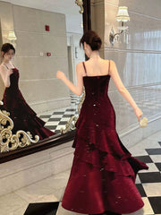 Wine Red Velvet Straps Layers Long Formal Dress, Wine Red Velvet Floor Length Prom Dress