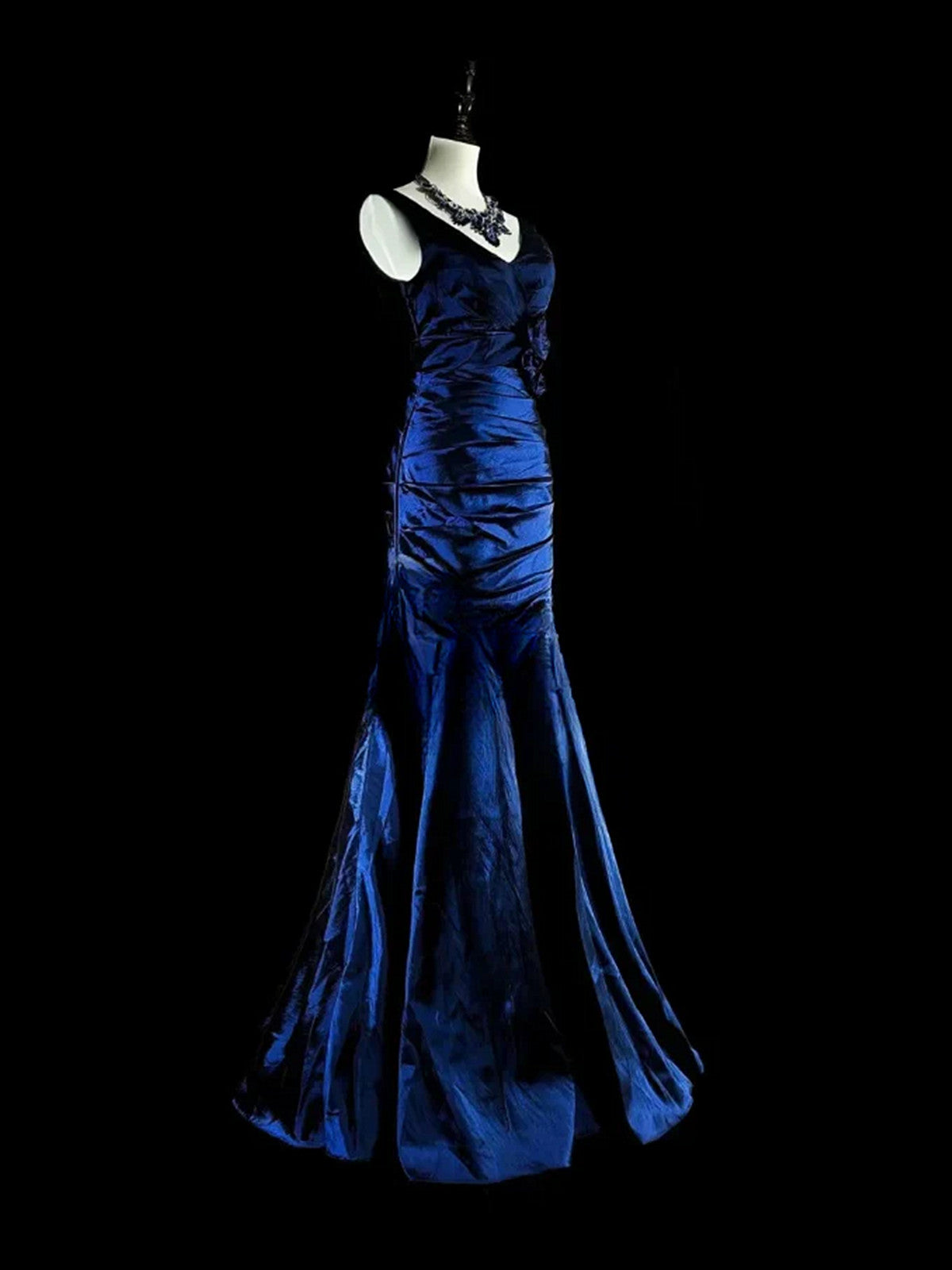 Blue V-neckline Mermaid Taffeta Long Formal Dress, Blue Charming Floor Length Prom Dress