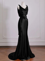Black Soft Satin Long Low Back Evening Dress, Black Satin Prom Dress