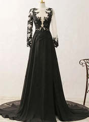 Black Long Sleeves Chiffon with Lace Evening Dress, Black A-line Party Dress with Leg Slit