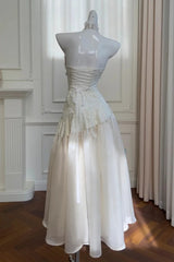 Ivory V-neckline Halter Long Prom Dress, Retro Lace Party Dress Formal Dress