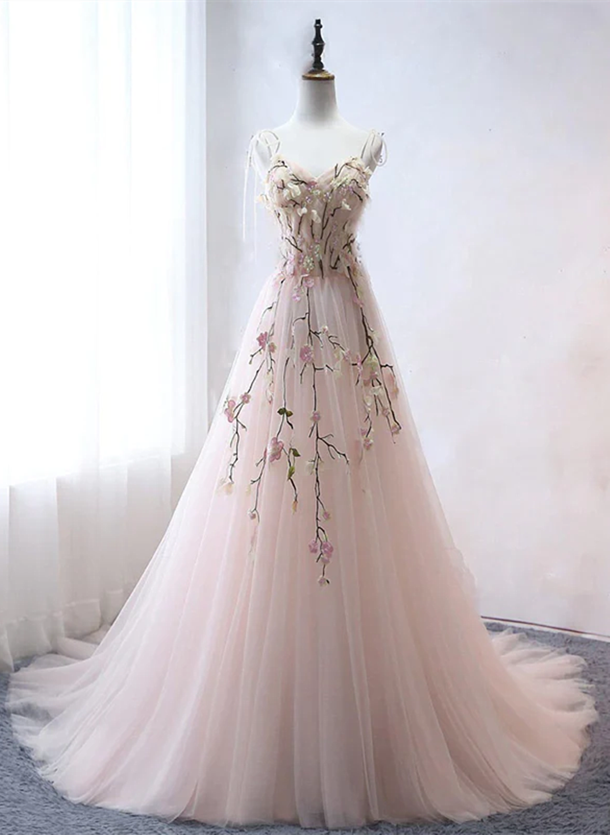 Pink Sweetheart Tulle with Lace Flowers Long Evening Dress, Pink Tulle Prom Dress