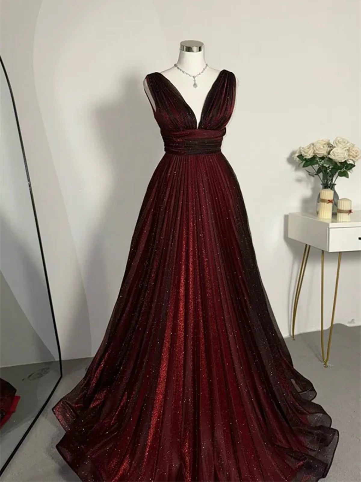 Black and Red V-neckline Tulle Floor Length Party Dress, A-line Black and Red Evening Dress