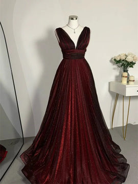 Black and Red V-neckline Tulle Floor Length Party Dress, A-line Black and Red Evening Dress