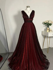 Black and Red V-neckline Tulle Floor Length Party Dress, A-line Black and Red Evening Dress