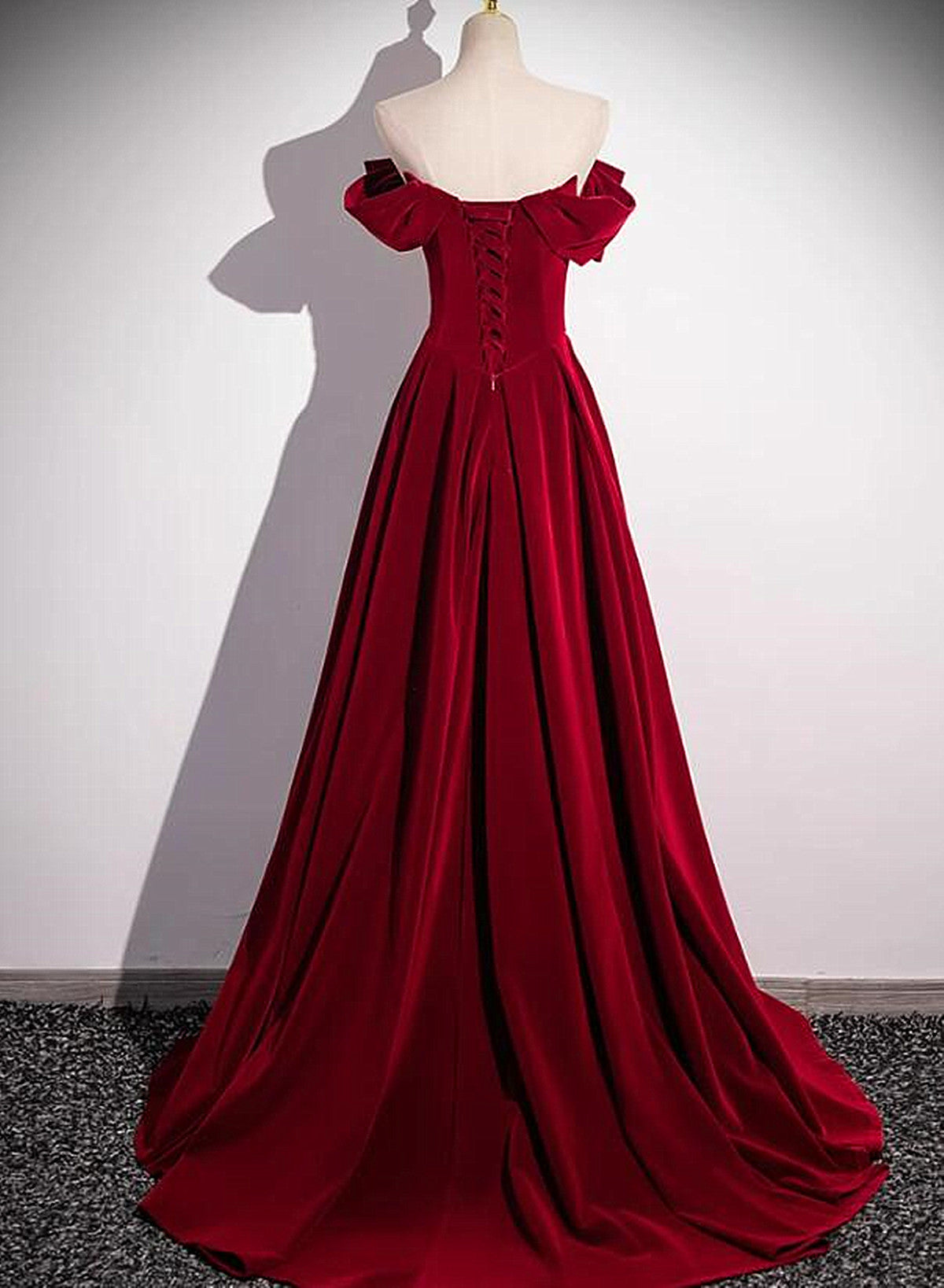 Off Shoulder Wine Red A-line Beaded Velvet Prom Dress, Wine Red Long Formal Dress
