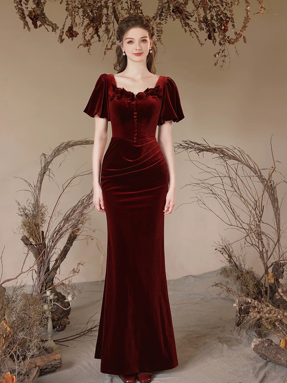 Wine Red Mermaid Velvet Short Sleeves Party Dress, Wine Red Bridesmaid Dress