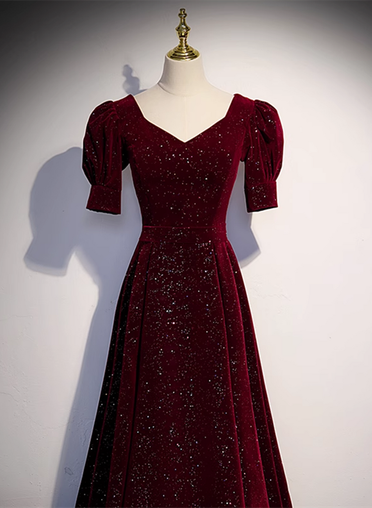 Simple A-line Wine Red Velvet Party Dress, Wine Red Prom Dress Evening