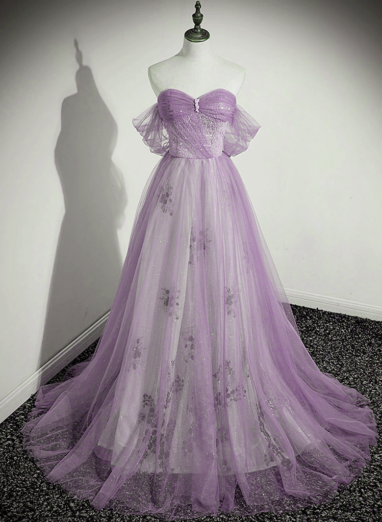 A-line Light Purple Beaded Sweetheart Evening Dress, Light Purple Prom