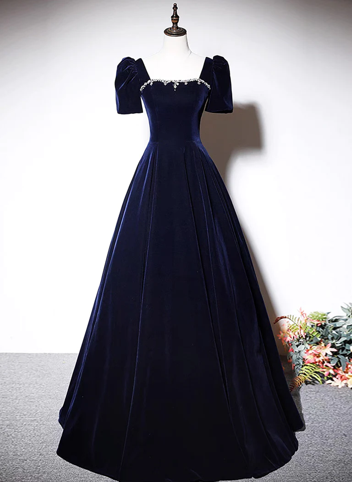 Navy Blue A-line Short Sleeves Velvet Party Dress, Navy Blue Long Prom Dress Navy Blue A-line Short Sleeves Velvet Party Dress, Navy Blue Long Prom Dress