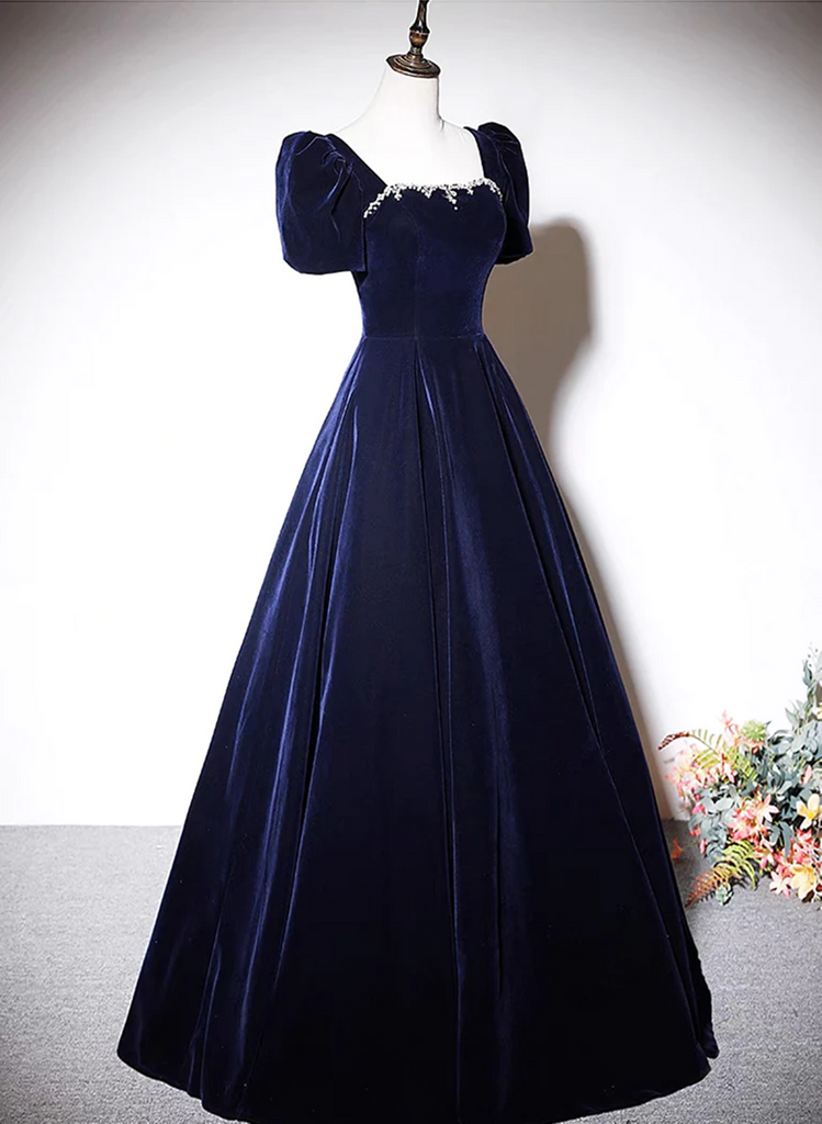 Navy Blue Tulle And Velvet Long Sleeves Party Dress, Simple A-Line Prom Dress main image 0