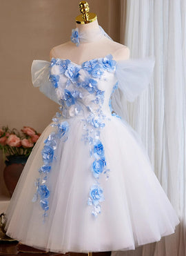 Cute White Short Tulle with Flowers Homecoming Dress, Cute White Short Party Dress