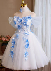 Cute White Short Tulle with Flowers Homecoming Dress, Cute White Short Party Dress