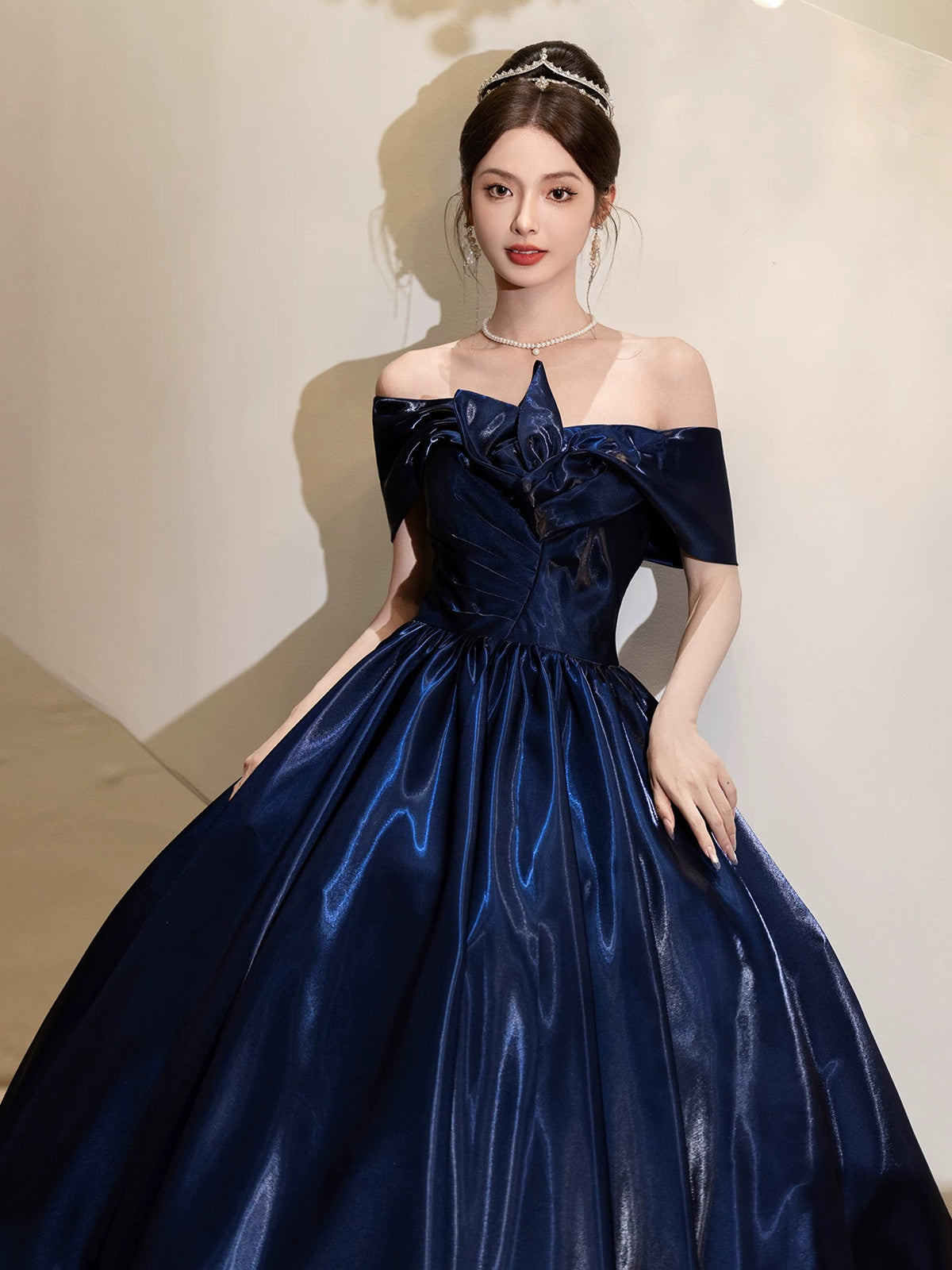 A-line Blue Satin Off Shoulder Long Prom Dress, Blue Satin Evening Dress Formal Dress