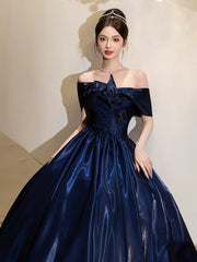A-line Blue Satin Off Shoulder Long Prom Dress, Blue Satin Evening Dress Formal Dress
