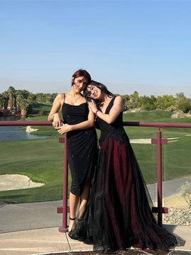 Black and Red V-neckline Beaded Long Evening Dress, Black and Red Tulle Prom Dress
